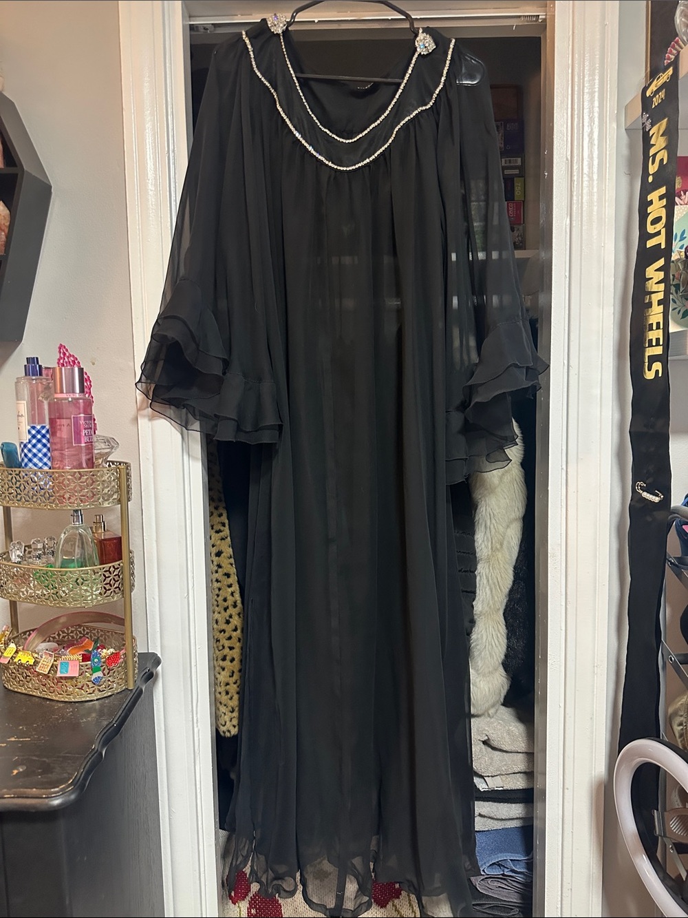 Vintage Black Chiffon Sheer Maxi Dress with Diamond Beaded Neckline